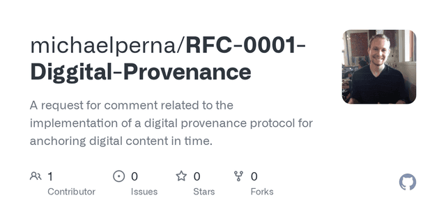GitHub - michaelperna/RFC-0001-Diggital-Provenance: A request for comment related to the implementation of a digital provenance protocol for anchoring digital content in time. - Featured Image