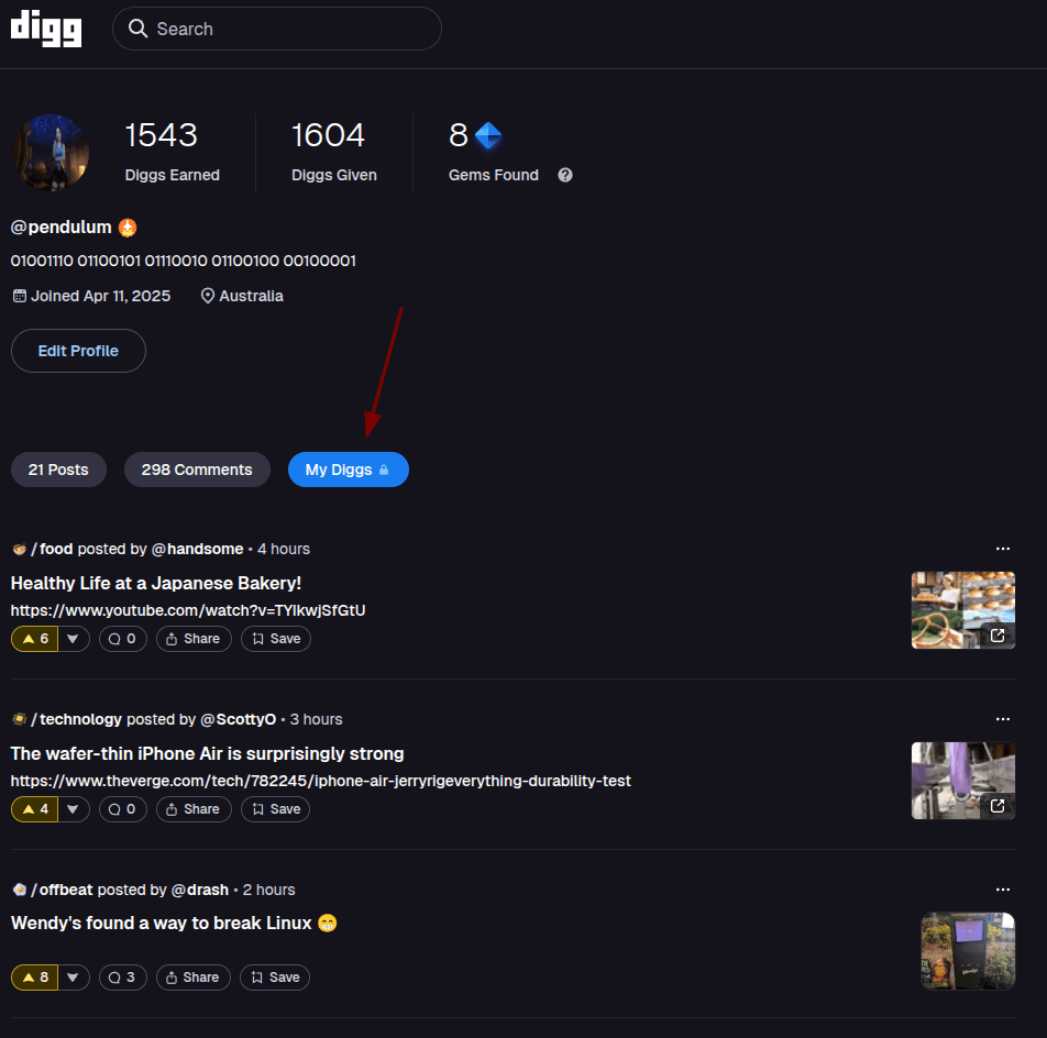 Hello there, new "My Diggs" button in my profile! - Image