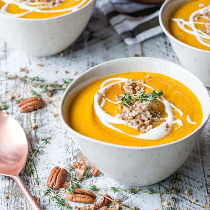 Roasted Butternut Squash and Apple Soup with Thyme, Pecans, and Creme Fraiche - Featured Image